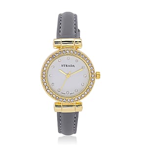 Strada Austrian Crystal Japanese Movement Watch with Gray Faux Leather Strap