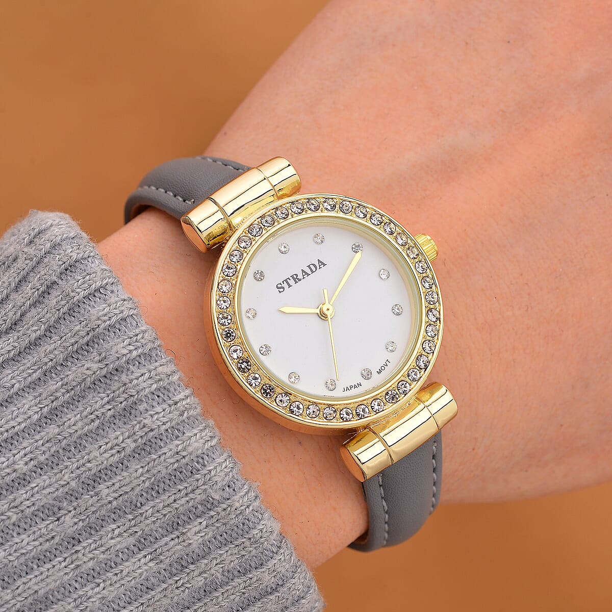 Strada Austrian Crystal Japanese Movement Watch with Gray Faux Leather Strap image number 1
