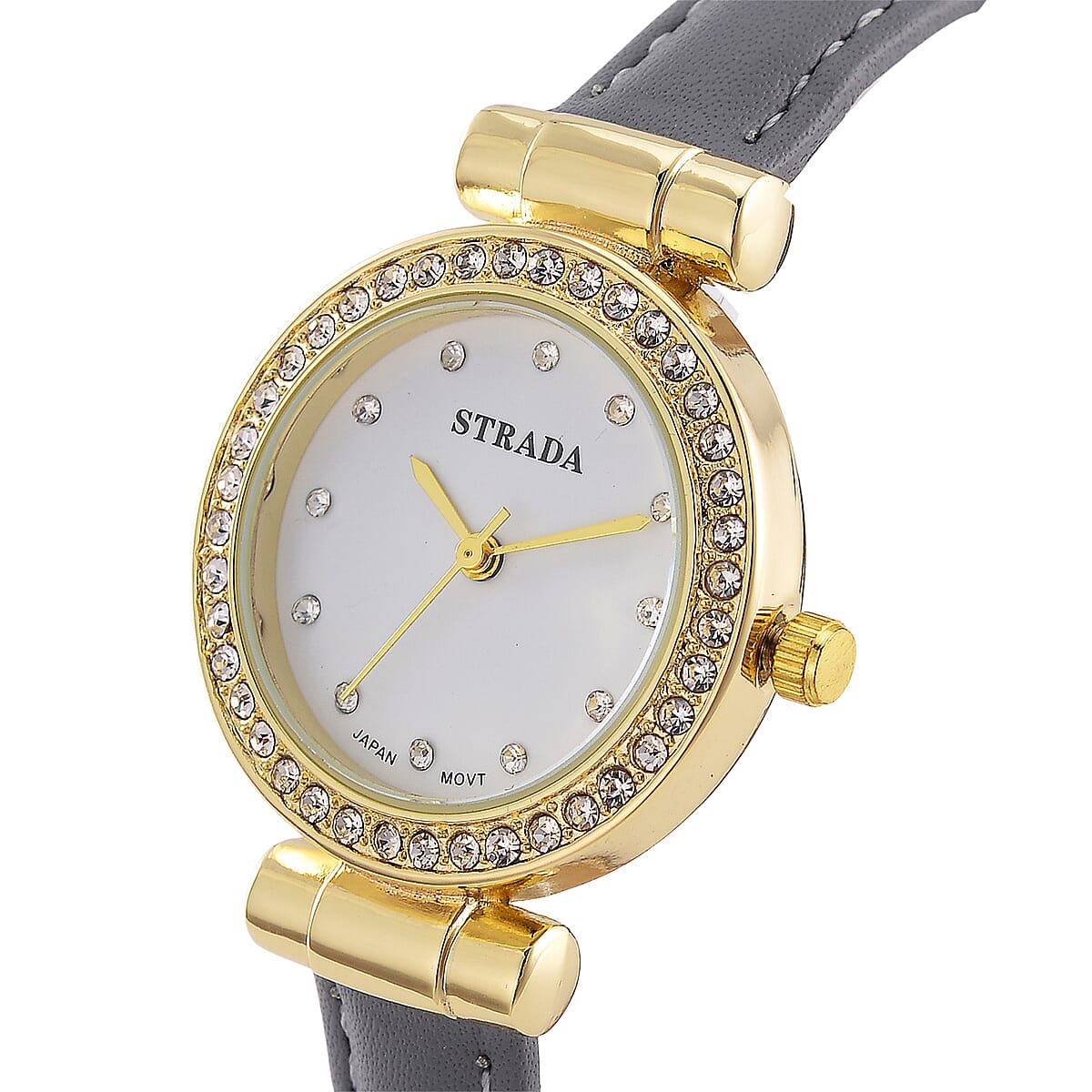Strada Austrian Crystal Japanese Movement Watch with Gray Faux Leather Strap image number 2