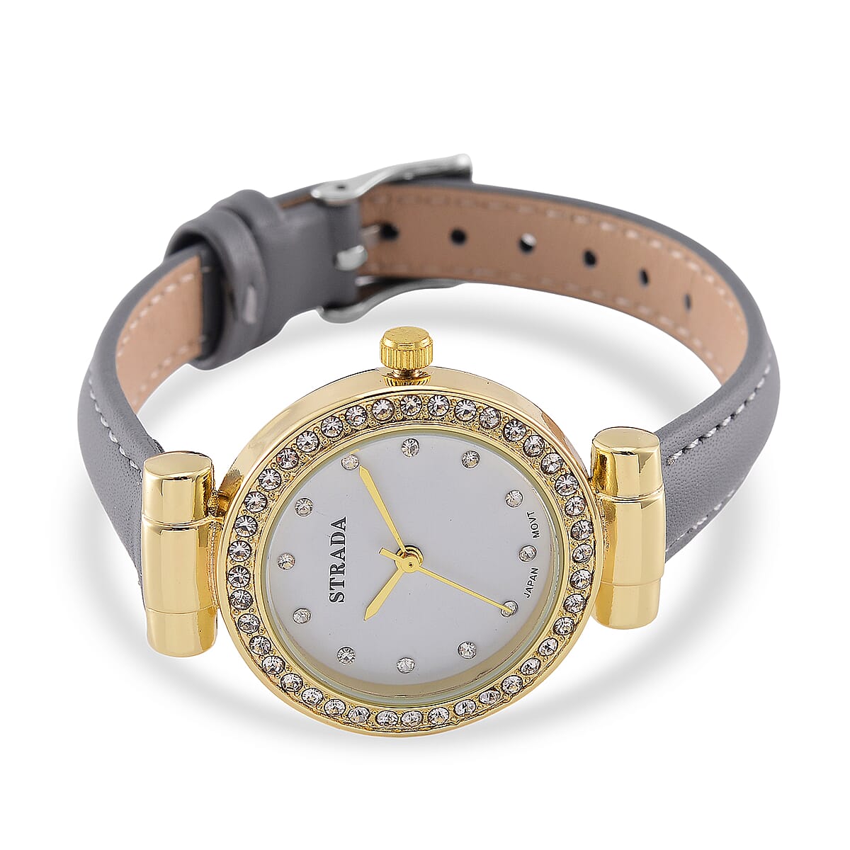 Strada Austrian Crystal Japanese Movement Watch with Gray Faux Leather Strap image number 3