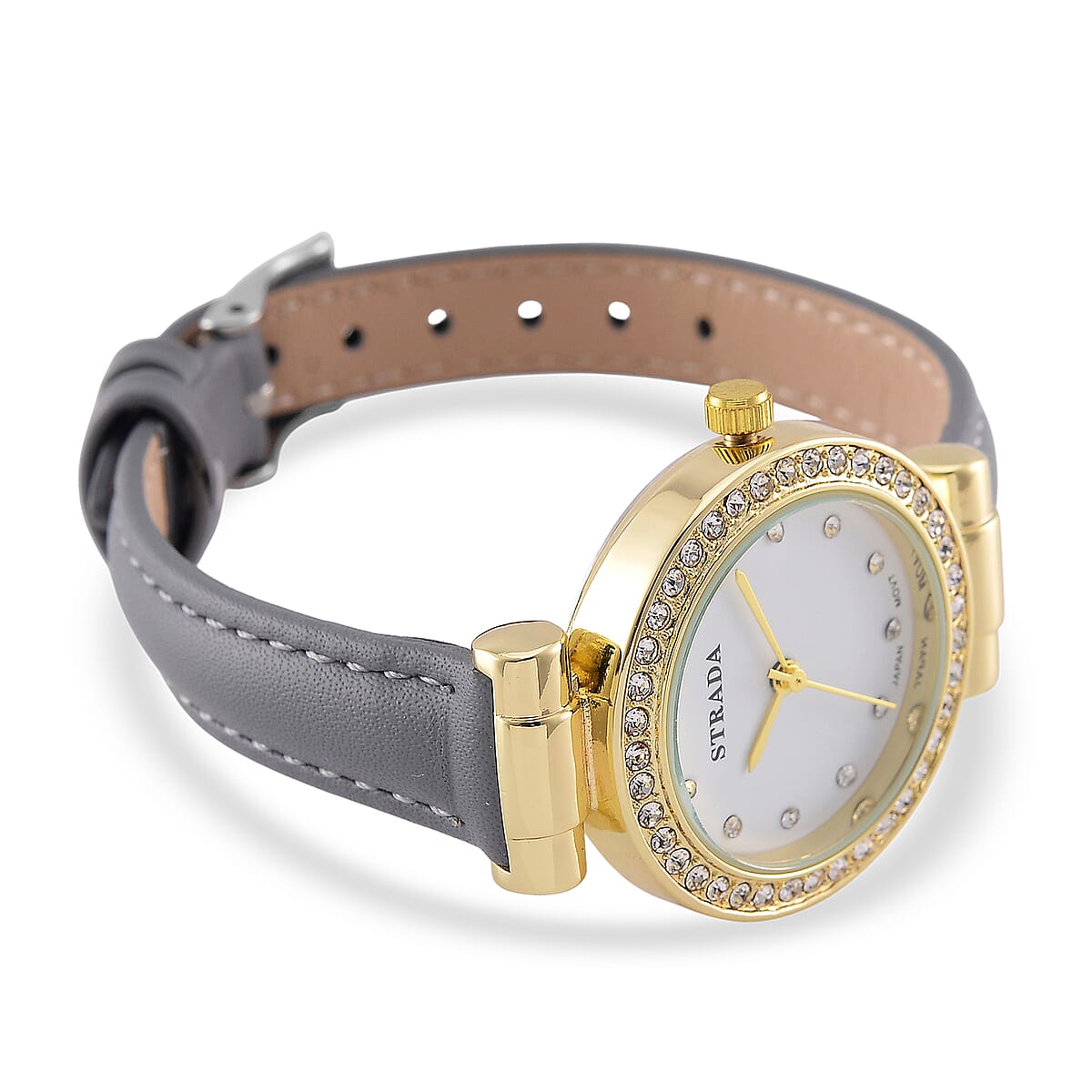 Strada Austrian Crystal Japanese Movement Watch with Gray Faux Leather Strap image number 4
