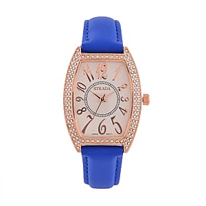 Strada Austrian Crystal Japanese Movement Watch with Blue Faux Leather Strap (39.8x33.7mm)