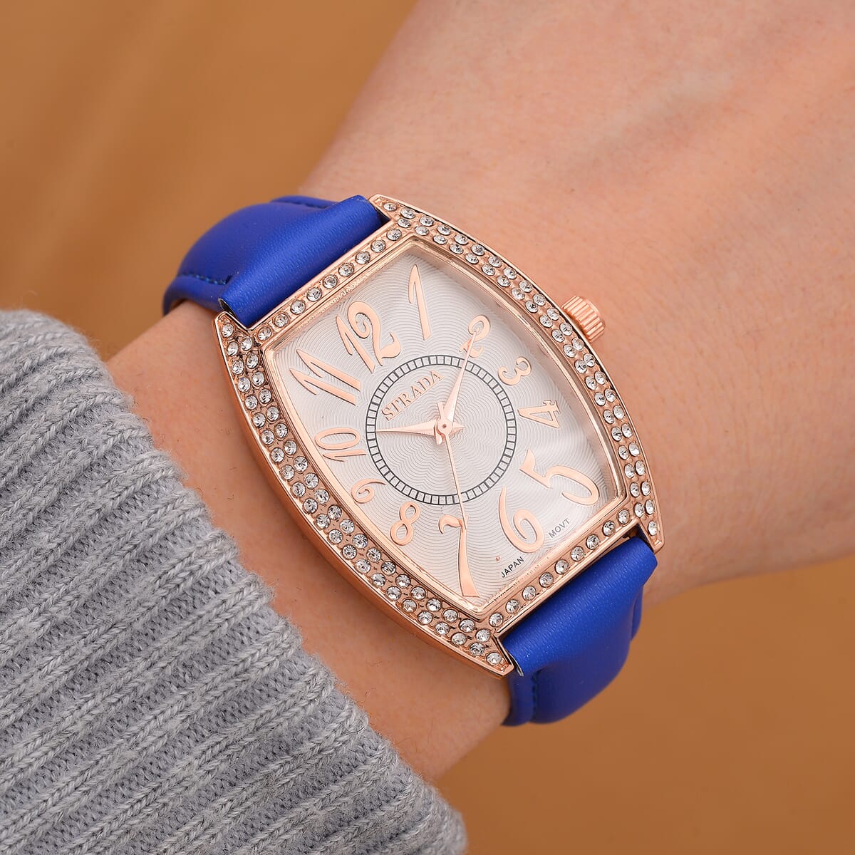 Strada Austrian Crystal Japanese Movement Watch with Blue Faux Leather Strap (39.8x33.7mm) image number 1