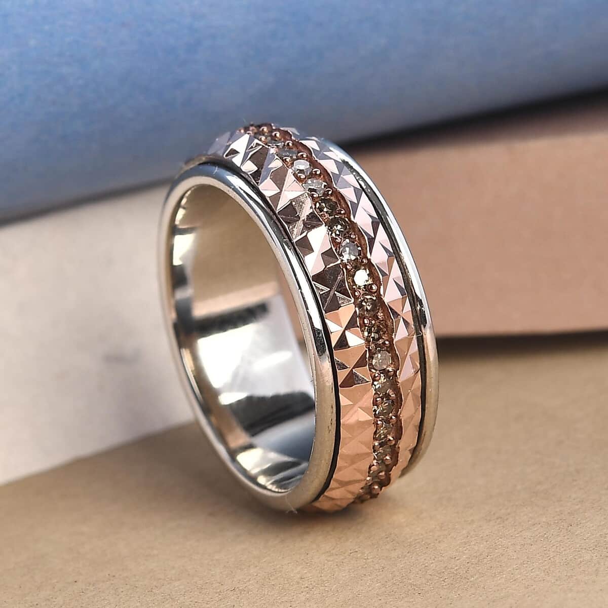 Natural Champagne Diamond, Diamond-Cut Spinner Band Ring in Vermeil Rose Gold and Platinum Over Sterling Silver (Size 7.0) 0.50 ctw image number 1