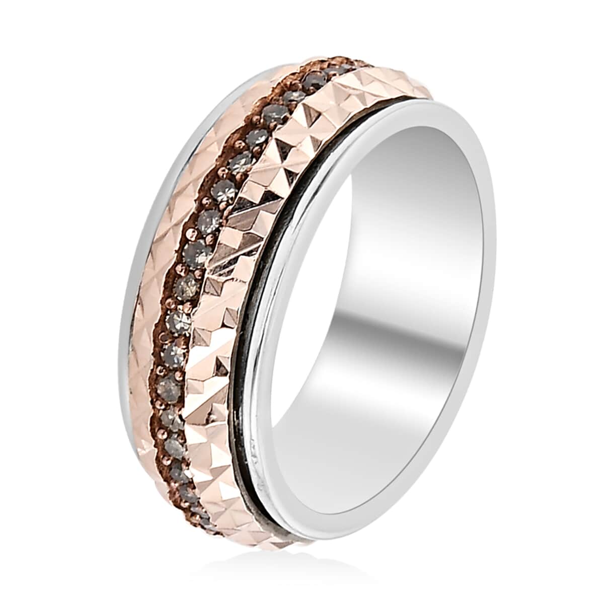 Natural Champagne Diamond, Diamond-Cut Spinner Band Ring in Vermeil Rose Gold and Platinum Over Sterling Silver (Size 7.0) 0.50 ctw image number 3