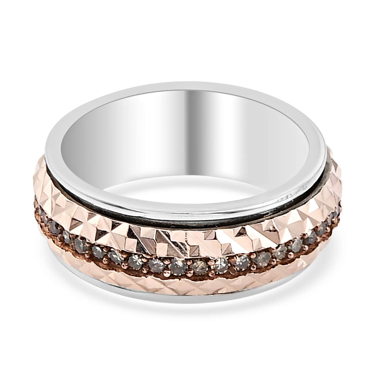 Natural Champagne Diamond, Diamond-Cut Spinner Band Ring in Vermeil Rose Gold and Platinum Over Sterling Silver (Size 7.0) 0.50 ctw image number 4