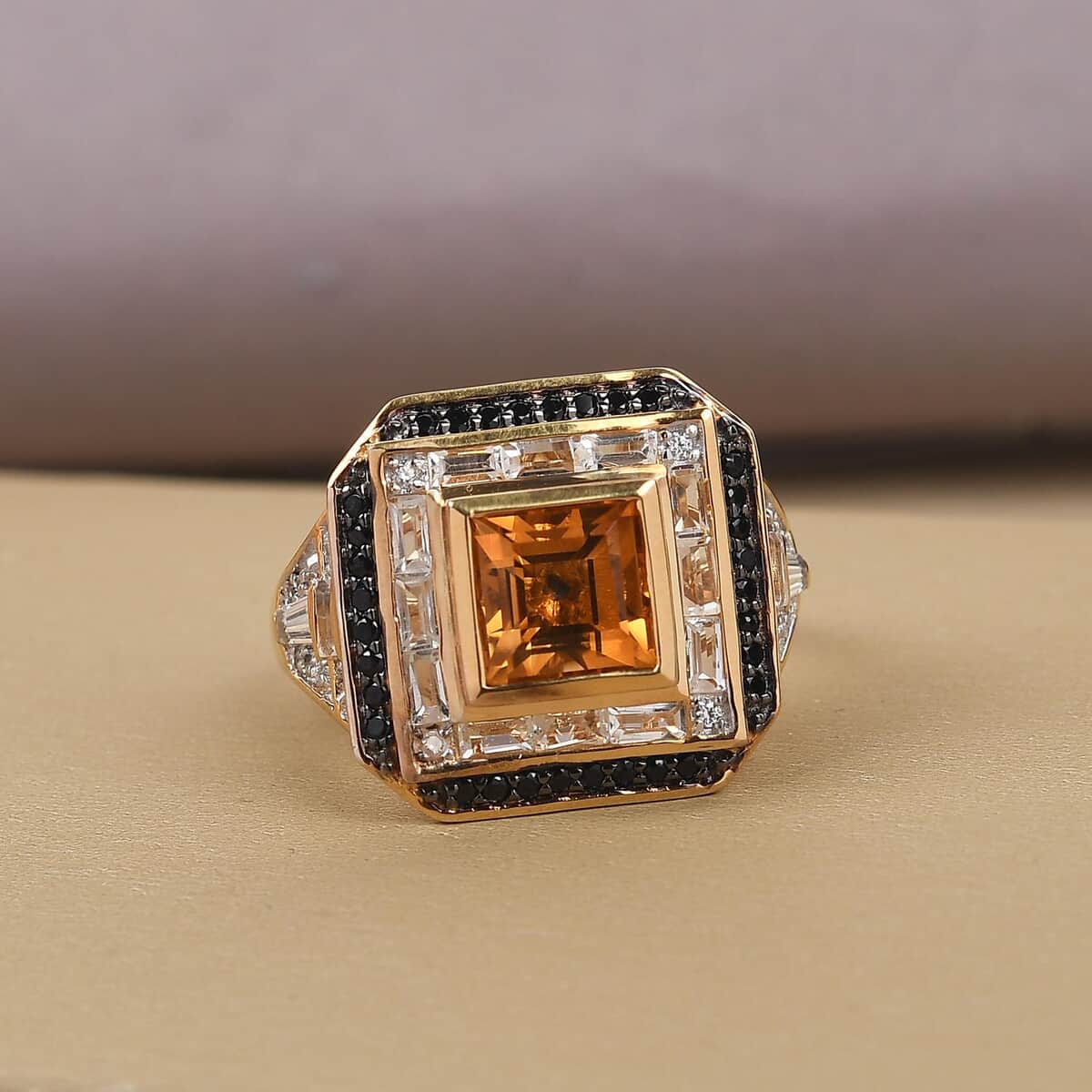 GP Special Art Deco Collection Santa Ana Madeira Citrine and Multi Gemstone Halo Ring in Vermeil Yellow Gold Over Sterling Silver (Size 5.0) 3.50 ctw image number 1