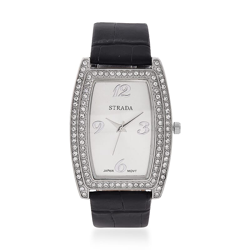 Strada Austrian Crystal Japanese Movement Watch with Black Faux Leather Strap (7.0-8.5 In)