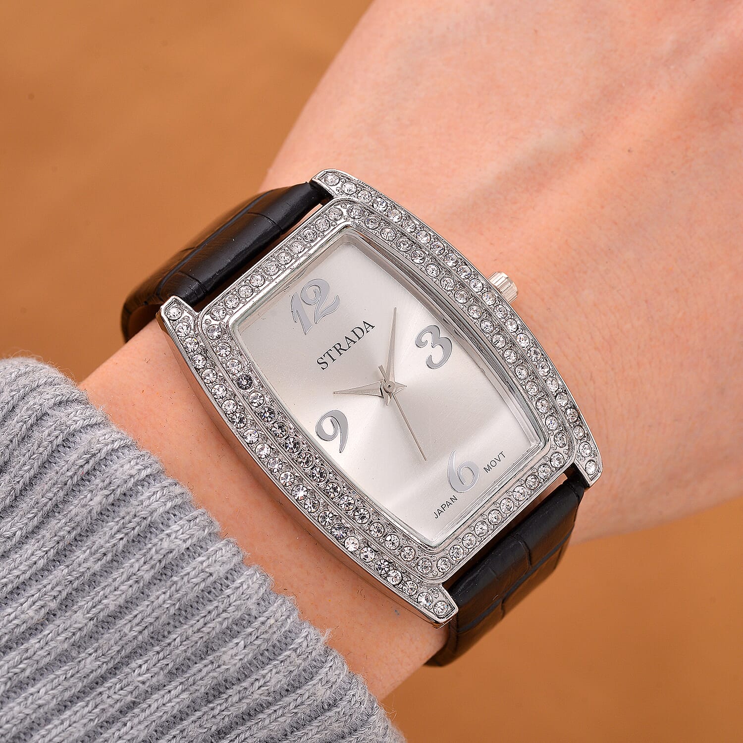 Strada Austrian Crystal Japanese Movement Watch with Black Faux Leather Strap (7.0-8.5 In)