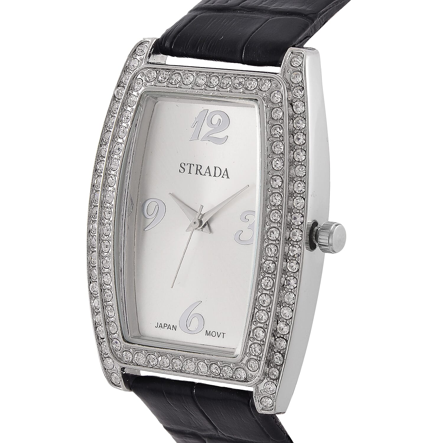 Strada Austrian Crystal Japanese Movement Watch with Black Faux Leather Strap (7.0-8.5 In)