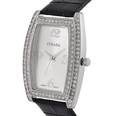 Strada Austrian Crystal Japanese Movement Watch with Black Faux Leather Strap (7.0-8.5 In)