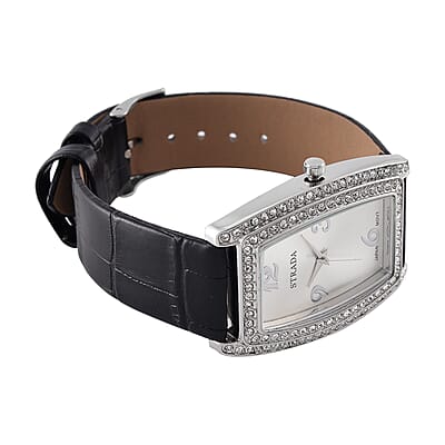 Strada Austrian Crystal Japanese Movement Watch with Black Faux Leather Strap (7.0-8.5 In)
