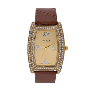 Strada Austrian Crystal Japanese Movement Watch with Brown Faux Leather Strap (7.0-8.5 In)