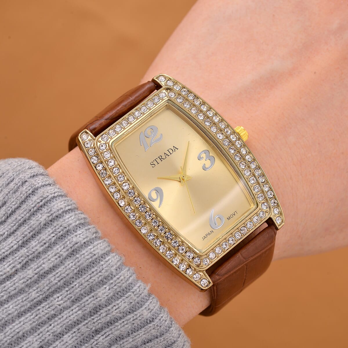Strada Austrian Crystal Japanese Movement Watch with Brown Faux Leather Strap (7.0-8.5 In) image number 1