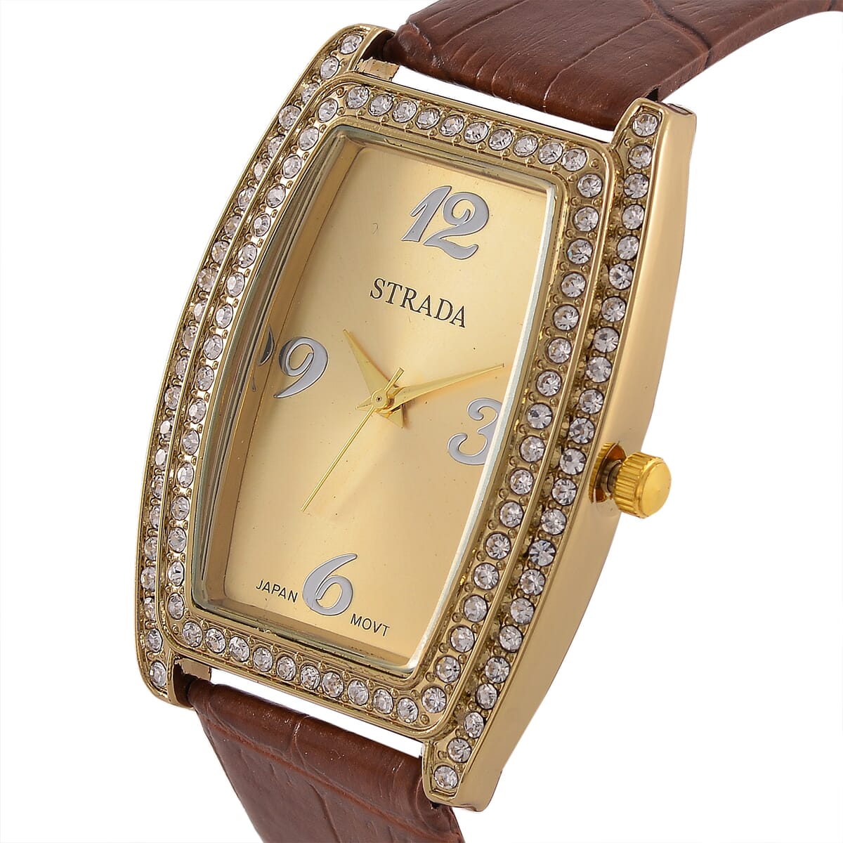 Strada Austrian Crystal Japanese Movement Watch with Brown Faux Leather Strap (7.0-8.5 In) image number 2