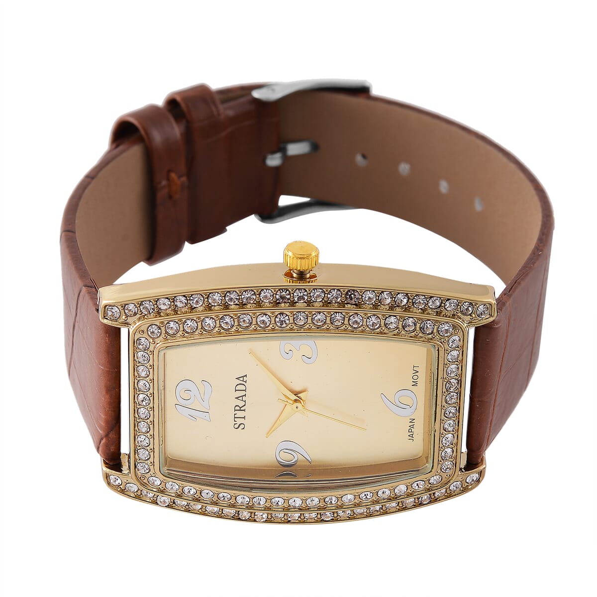 Strada Austrian Crystal Japanese Movement Watch with Brown Faux Leather Strap (7.0-8.5 In) image number 3