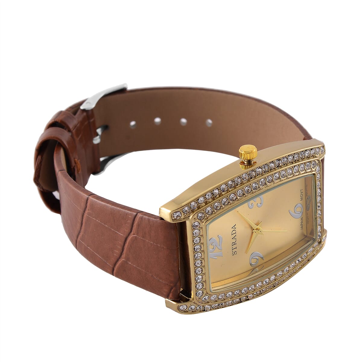 Strada Austrian Crystal Japanese Movement Watch with Brown Faux Leather Strap (7.0-8.5 In) image number 4