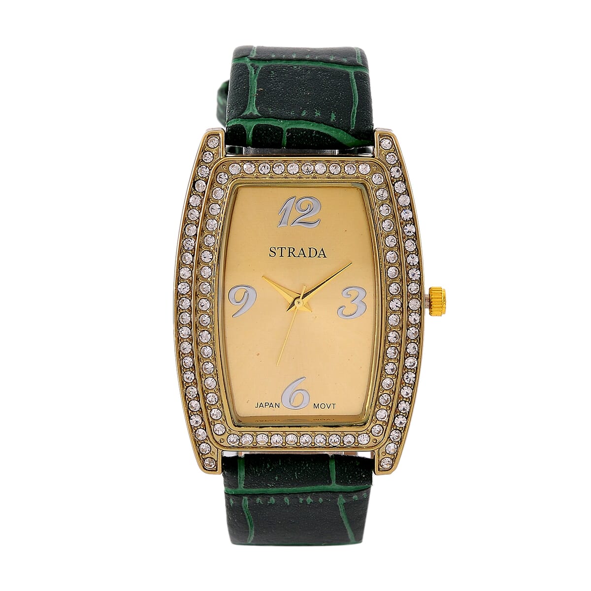 Strada Austrian Crystal Japanese Movement Watch with Green Faux Leather Strap (7.0-8.5 In) image number 0