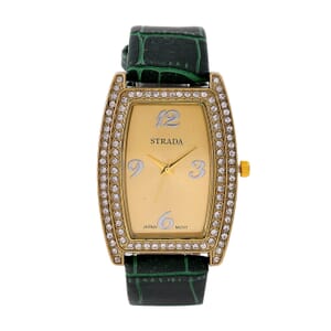 Strada Austrian Crystal Japanese Movement Watch with Green Faux Leather Strap (7.0-8.5 In)