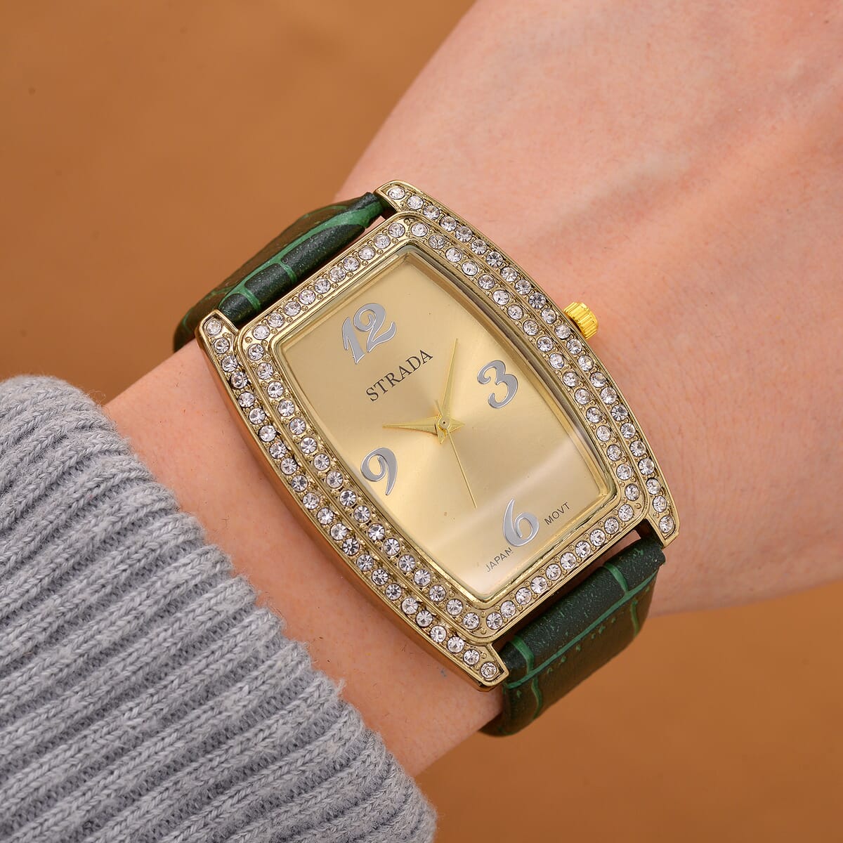 Strada Austrian Crystal Japanese Movement Watch with Green Faux Leather Strap (7.0-8.5 In) image number 1