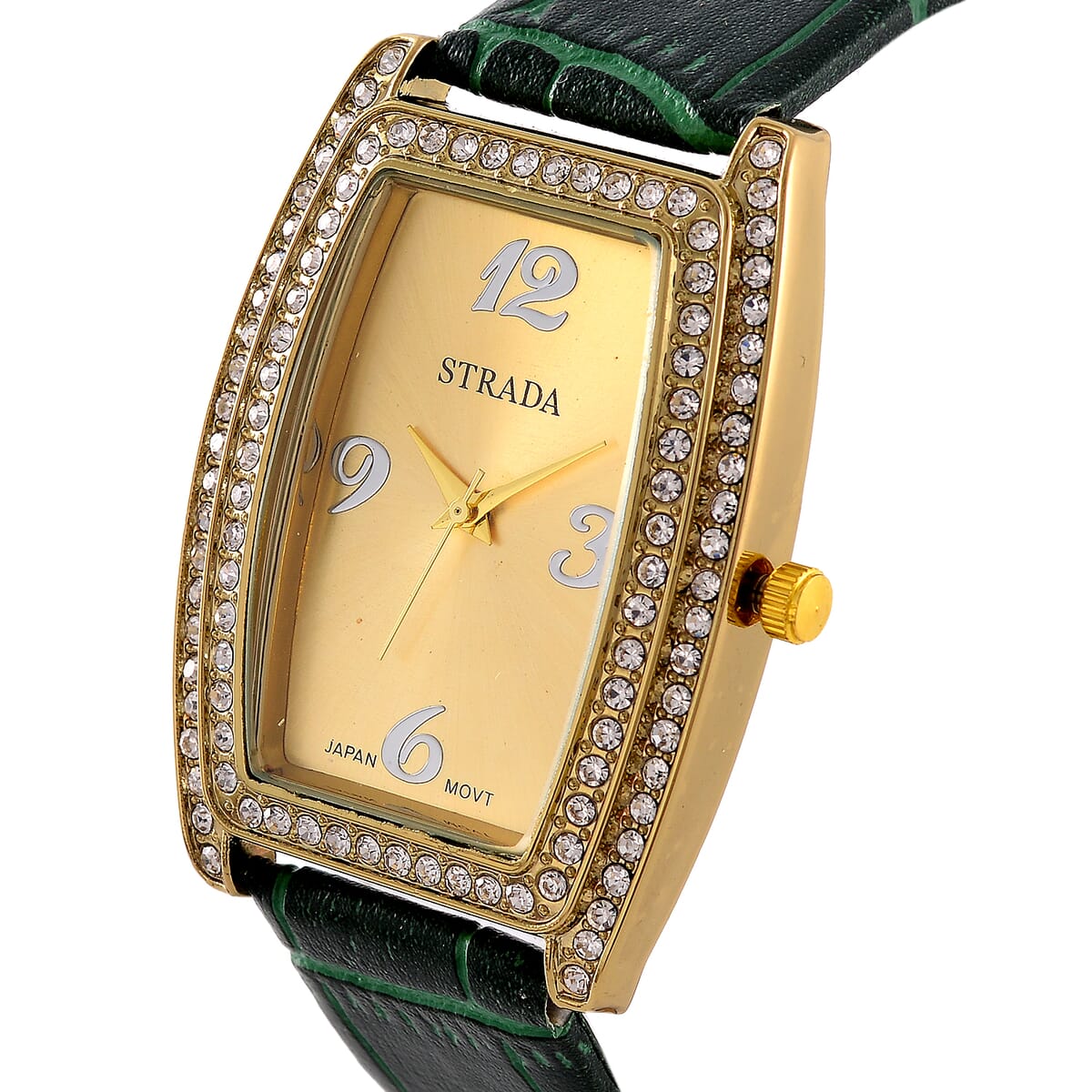 Strada Austrian Crystal Japanese Movement Watch with Green Faux Leather Strap (7.0-8.5 In) image number 2