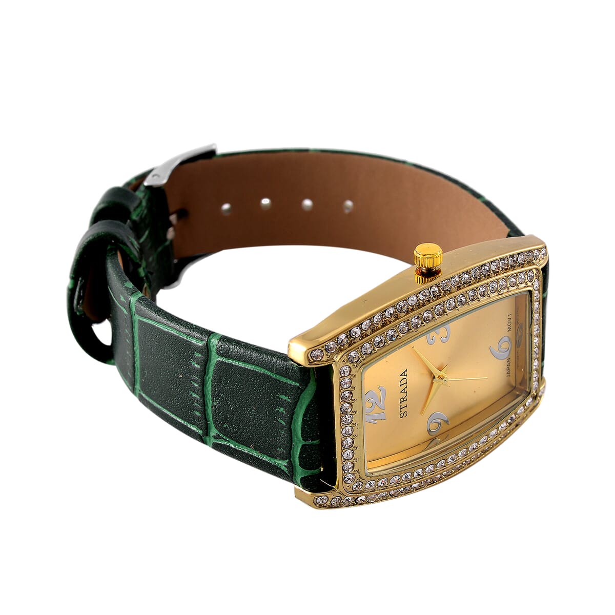 Strada Austrian Crystal Japanese Movement Watch with Green Faux Leather Strap (7.0-8.5 In) image number 4