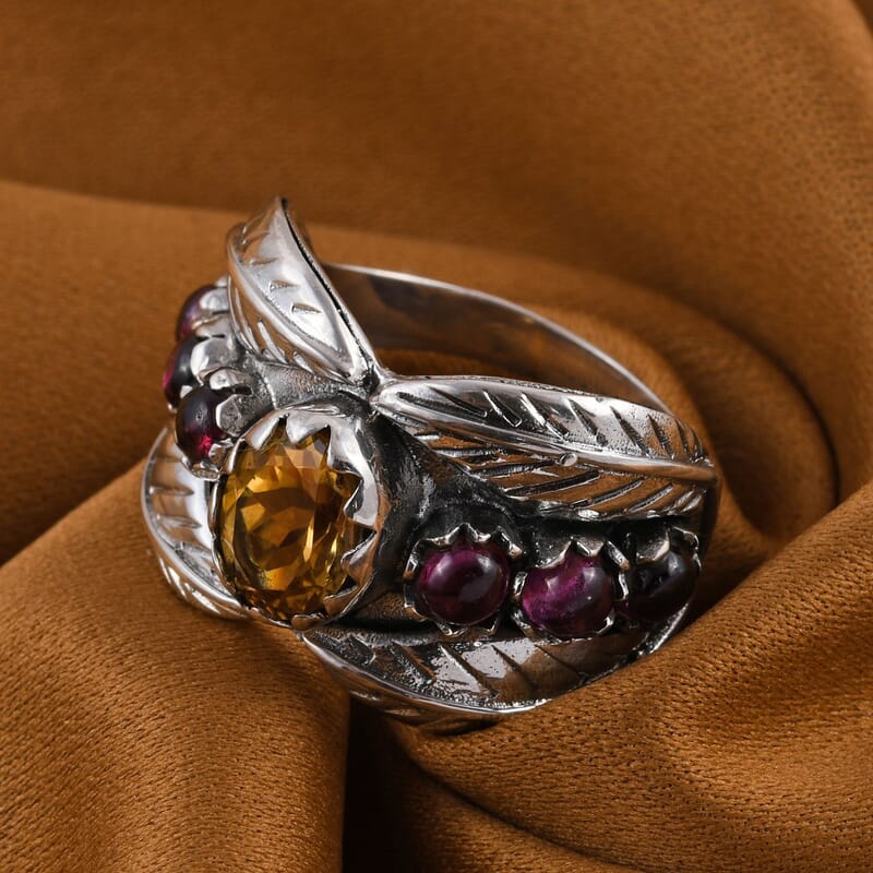 Bali Legacy Brazilian Citrine, Matrix Rhodolite Garnet Leaf Ring Sterling Silver (Size 10.0) 10 Grams 2.60 ctw