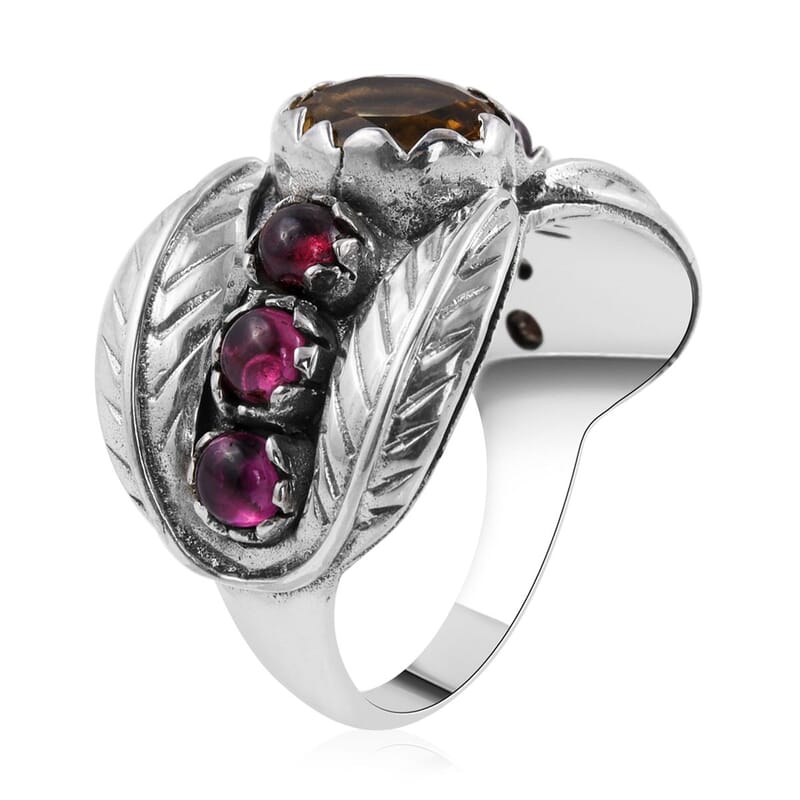 Bali Legacy Brazilian Citrine, Matrix Rhodolite Garnet Leaf Ring Sterling Silver (Size 10.0) 10 Grams 2.60 ctw