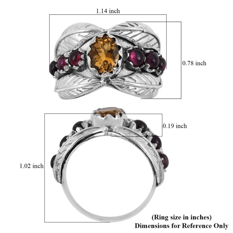 Bali Legacy Brazilian Citrine, Matrix Rhodolite Garnet Leaf Ring Sterling Silver (Size 10.0) 10 Grams 2.60 ctw