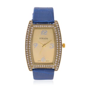 Strada Austrian Crystal Japanese Movement Watch with Blue Faux Leather Strap (7.0-8.5 In)