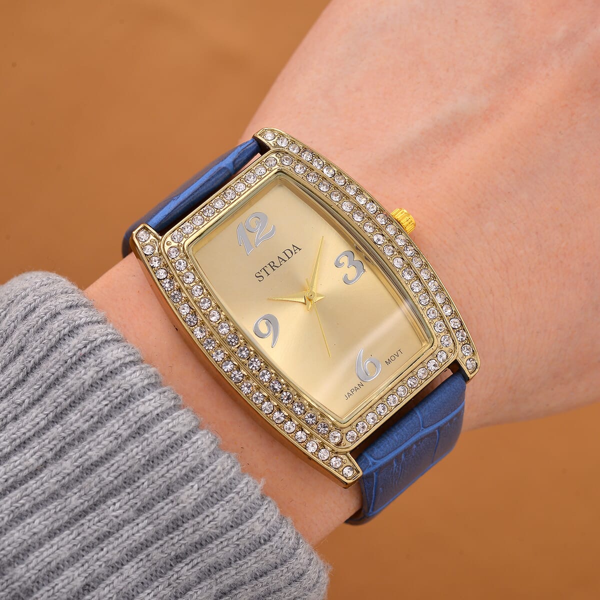 Strada Austrian Crystal Japanese Movement Watch with Blue Faux Leather Strap (7.0-8.5 In) image number 1