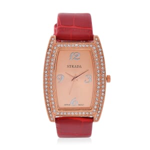 Strada Austrian Crystal Japanese Movement Watch with Red Faux Leather Strap (7.0-8.5 In)