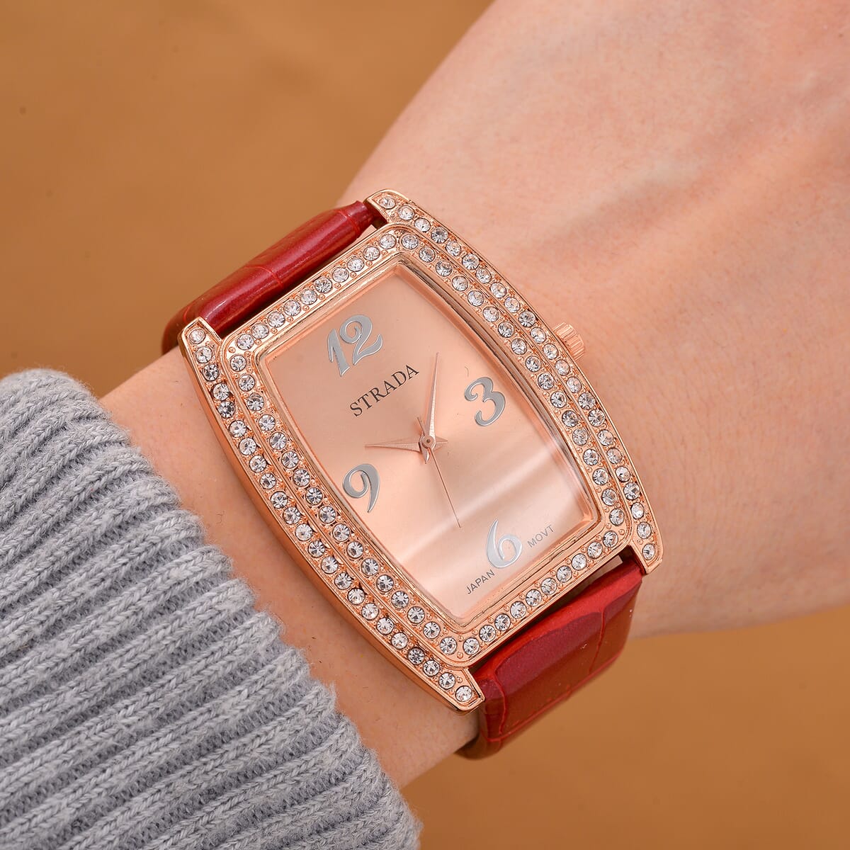Strada Austrian Crystal Japanese Movement Watch with Red Faux Leather Strap (7.0-8.5 In) image number 1