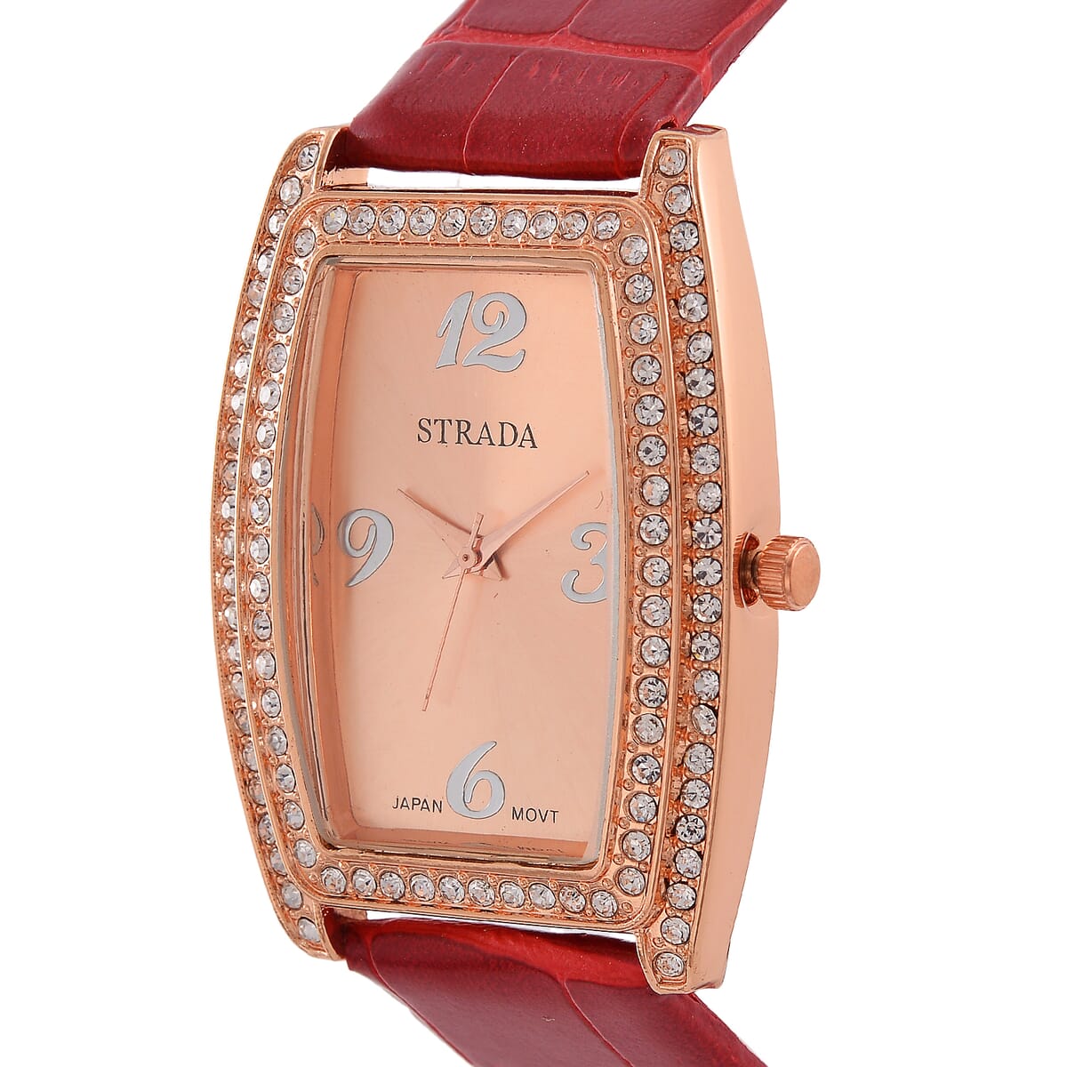 Strada Austrian Crystal Japanese Movement Watch with Red Faux Leather Strap (7.0-8.5 In) image number 2