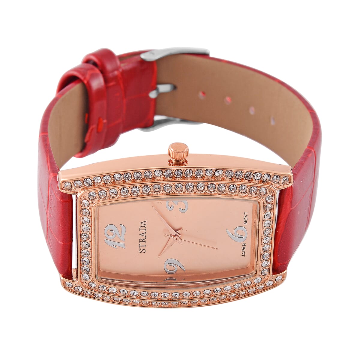 Strada Austrian Crystal Japanese Movement Watch with Red Faux Leather Strap (7.0-8.5 In) image number 3
