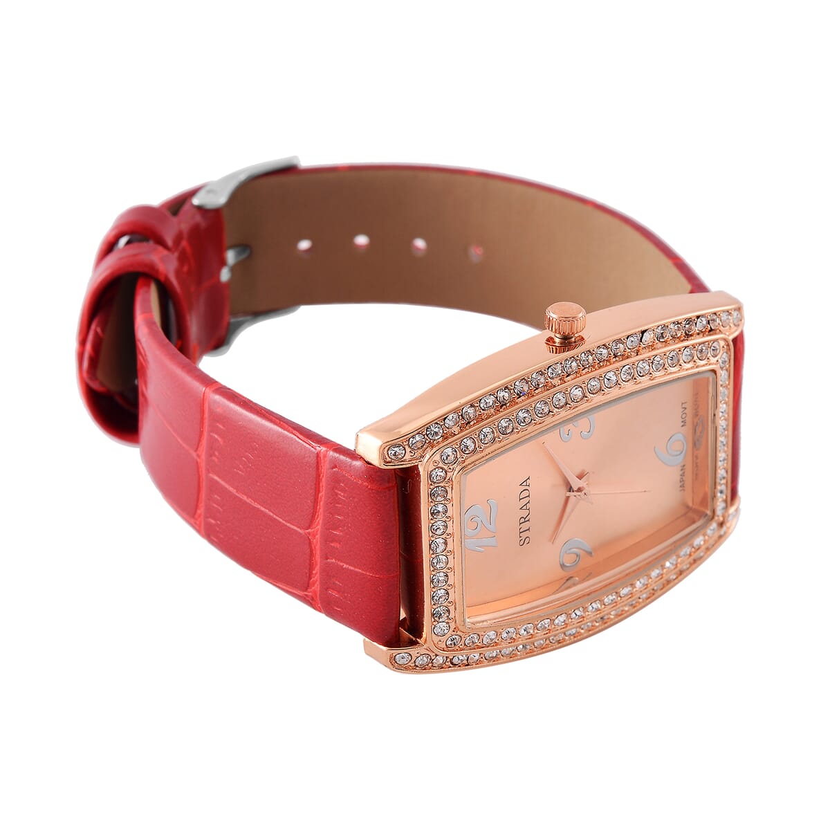 Strada Austrian Crystal Japanese Movement Watch with Red Faux Leather Strap (7.0-8.5 In) image number 4