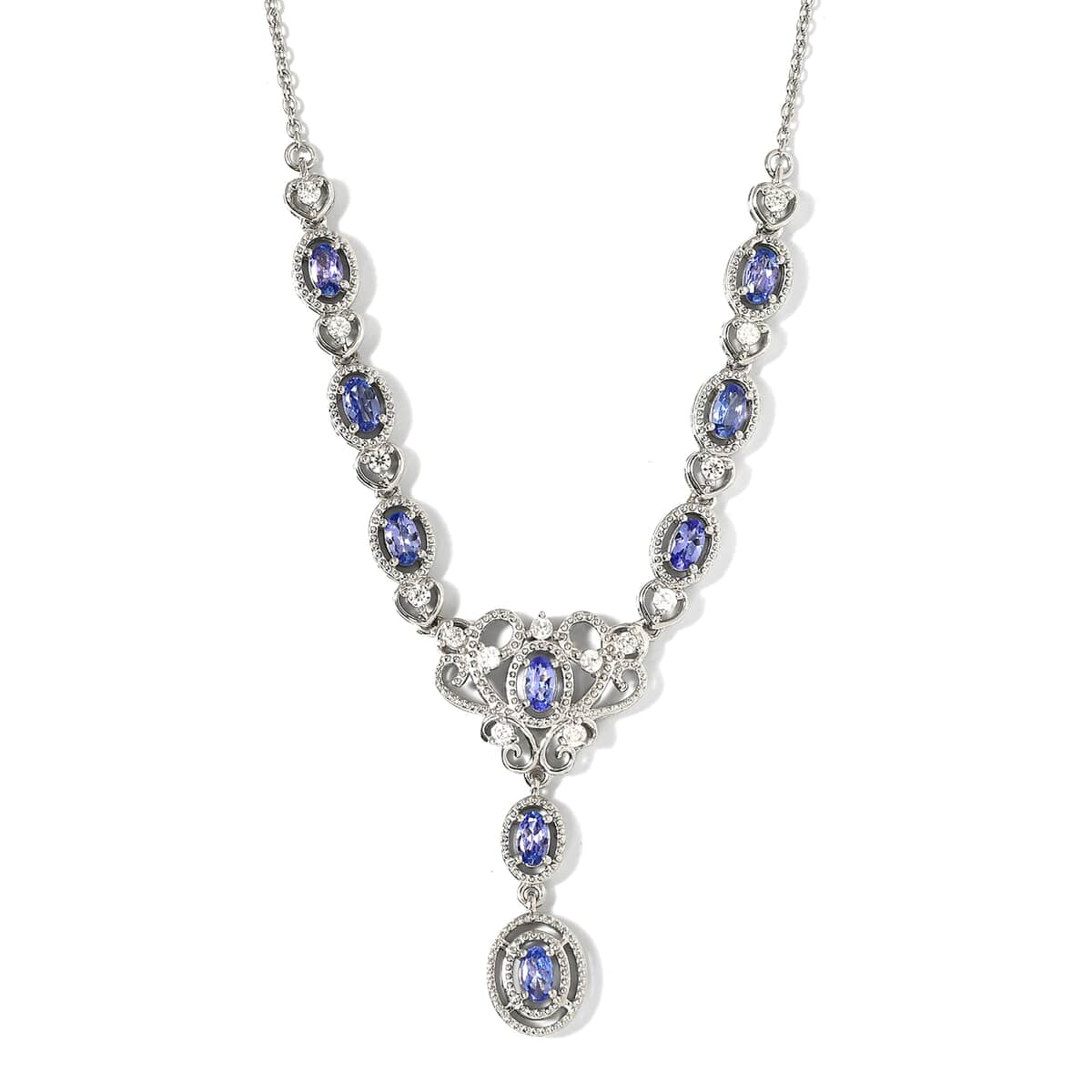 Tanzanite and Natural White Zircon Necklace 18 Inches in Platinum Over Sterling Silver 2.75 ctw image number 0