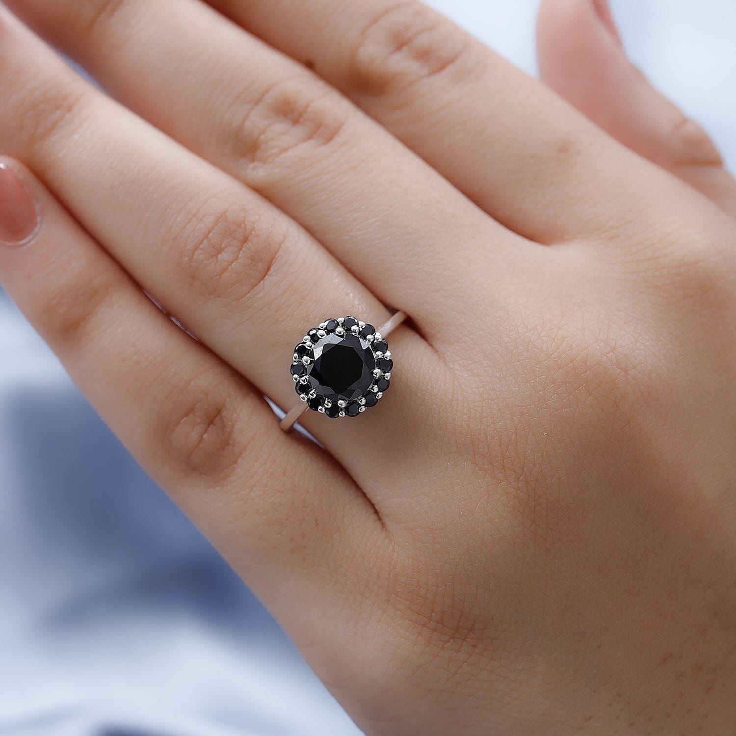 Simulated Black Diamond Halo Ring in Sterling Silver (Size 5.0) 4.25 ctw