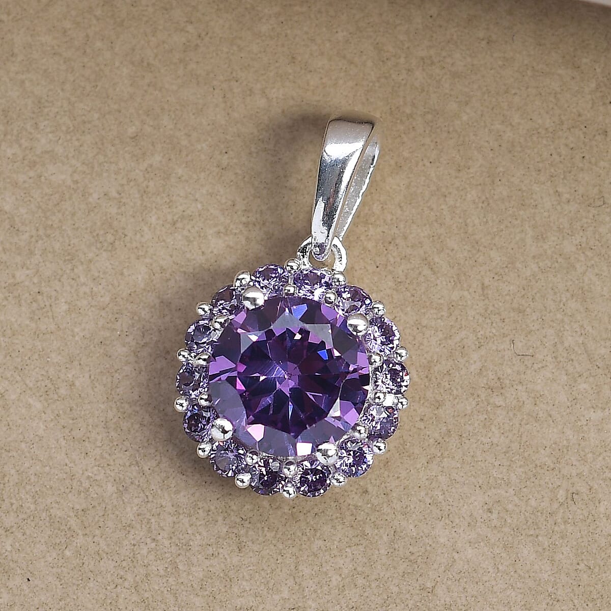 Simulated Amethyst Color Diamond Halo Pendant without Chain in Sterling Silver 4.75 ctw image number 1