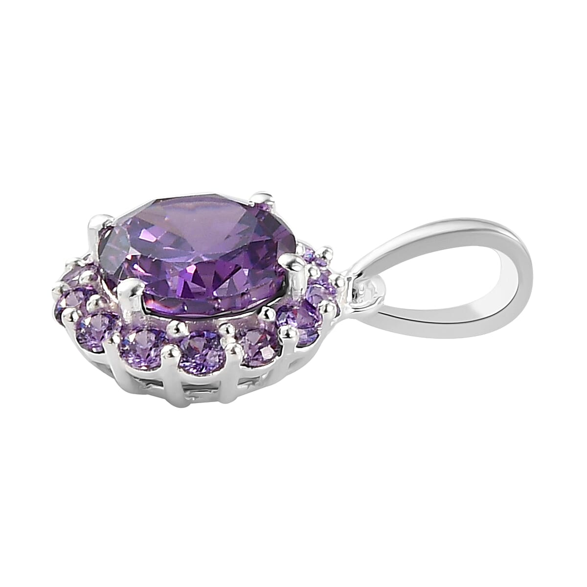 Simulated Amethyst Color Diamond Halo Pendant without Chain in Sterling Silver 4.75 ctw image number 2