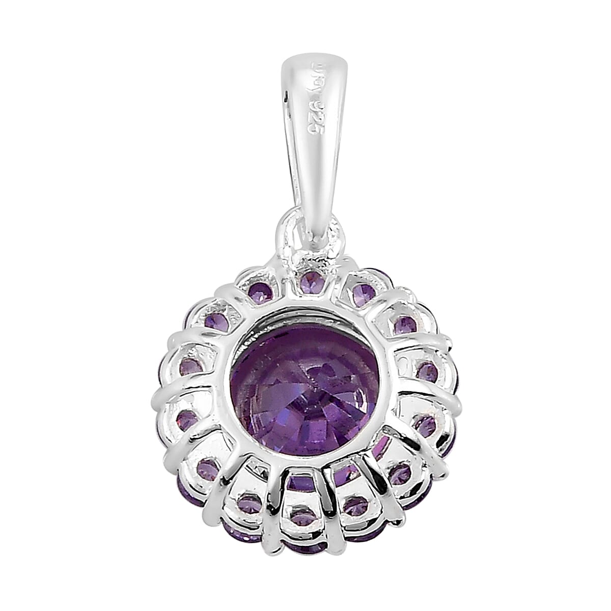 Simulated Amethyst Color Diamond Halo Pendant without Chain in Sterling Silver 4.75 ctw image number 3