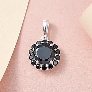 Simulated Black Diamond Halo Pendant in Sterling Silver 4.35 ctw