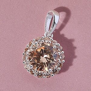 Simulated Champagne Diamond Halo Pendant in Sterling Silver 4.30 ctw
