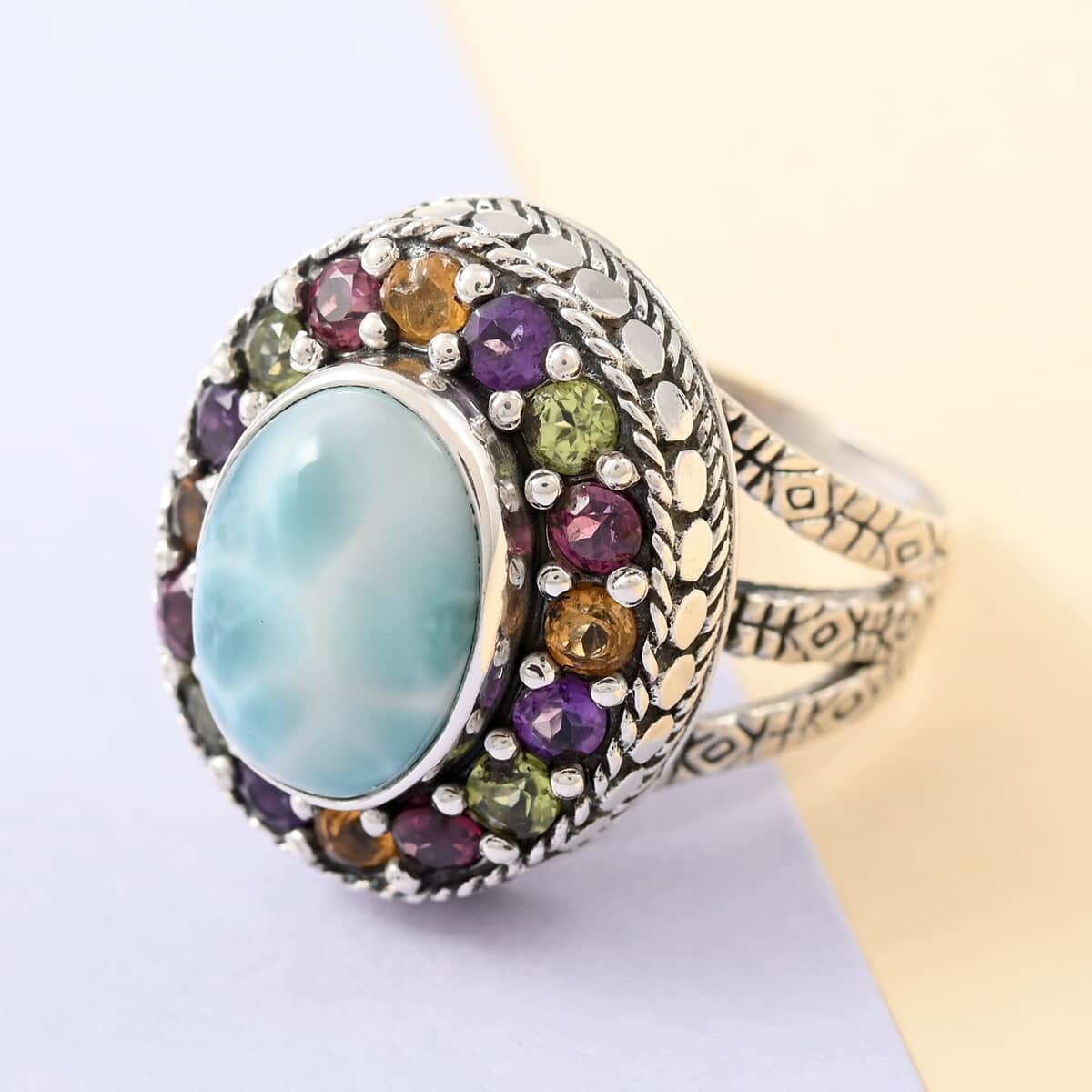 BALI LEGACY Larimar and Multi Gemstone Ring in Sterling Silver (Size 10.0) 9.50 Grams 8.90 ctw image number 1