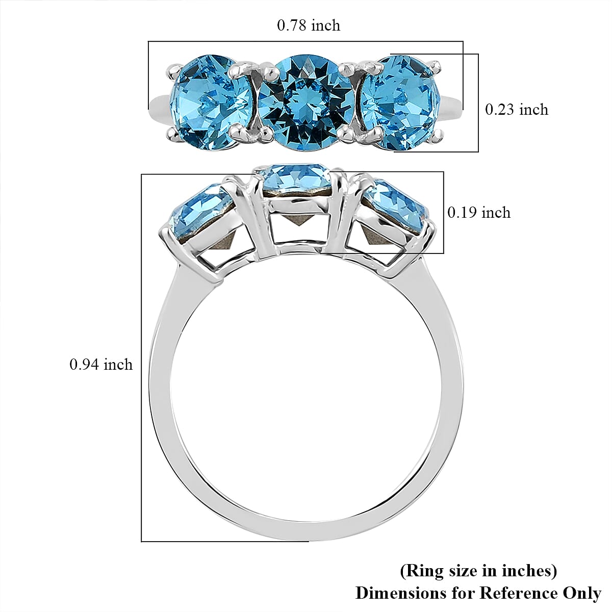 Aquamarine Color Crystal 3 Stone Ring in Sterling Silver (Size 10.0)
