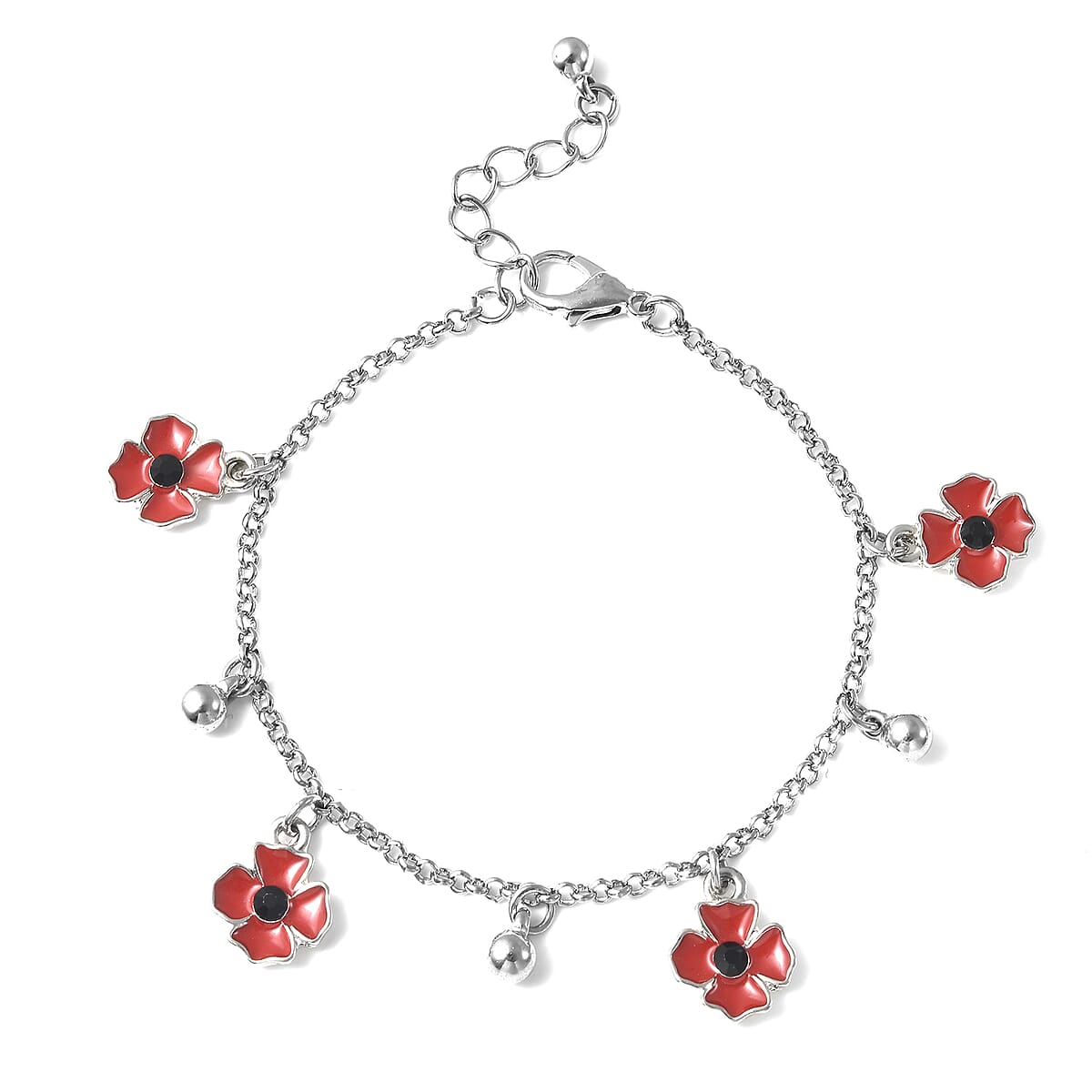 Black Austrian Crystal and Enameled Adjustable Poppy Charm Bracelet in Silverton image number 0