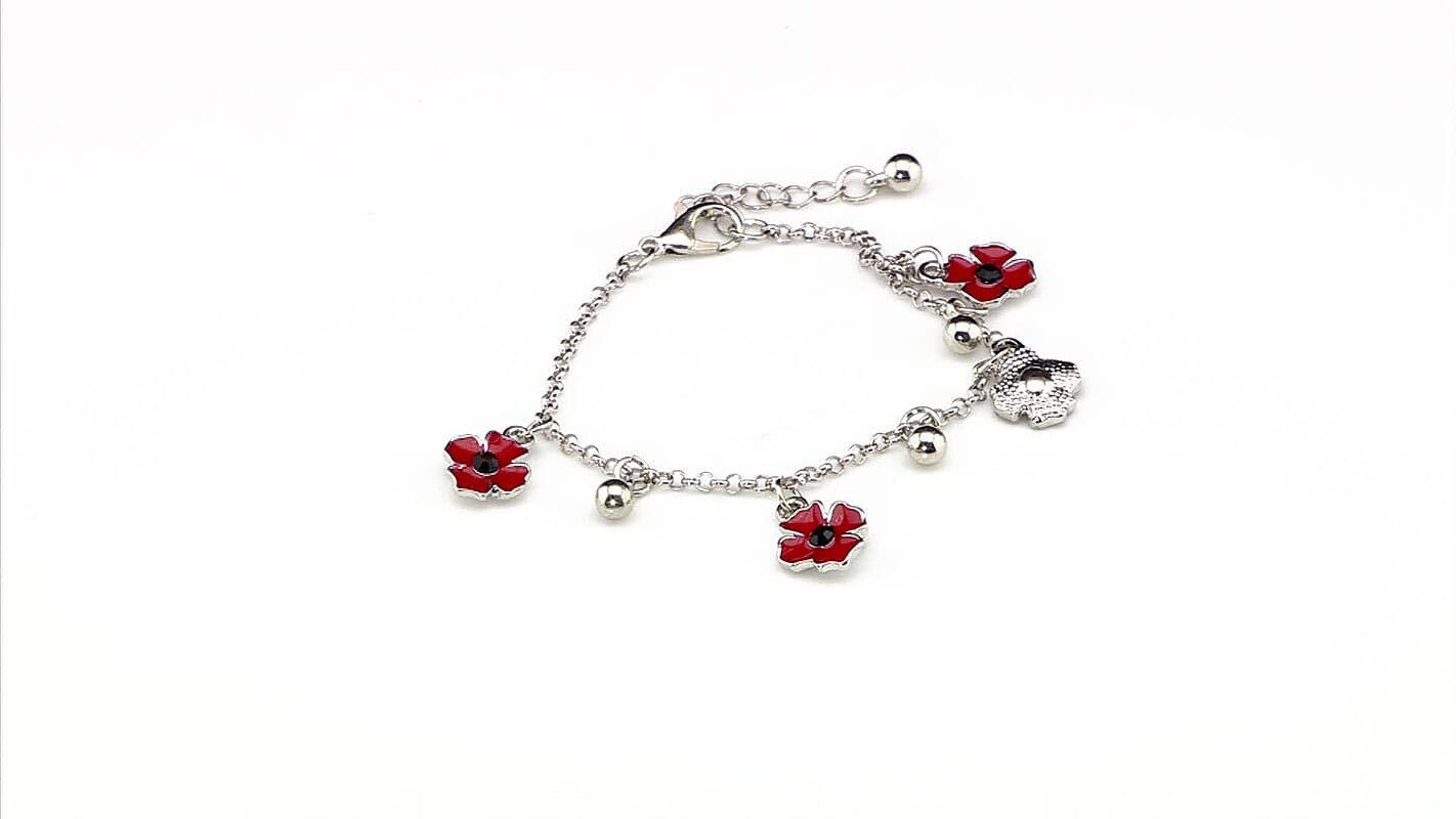 Black Austrian Crystal and Enameled Adjustable Poppy Charm Bracelet in Silvertone