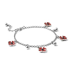 Black Austrian Crystal and Enameled Adjustable Poppy Charm Bracelet in Silvertone