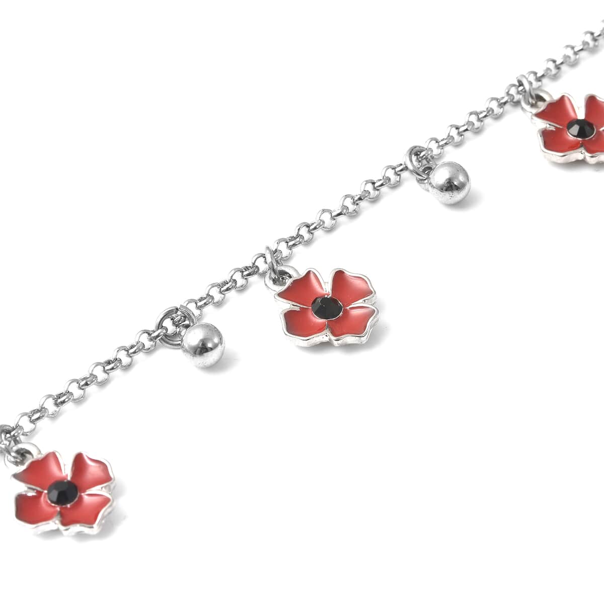 Black Austrian Crystal and Enameled Adjustable Poppy Charm Bracelet in Silverton image number 3