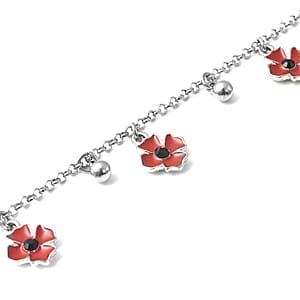 Black Austrian Crystal and Enameled Adjustable Poppy Charm Bracelet in Silvertone